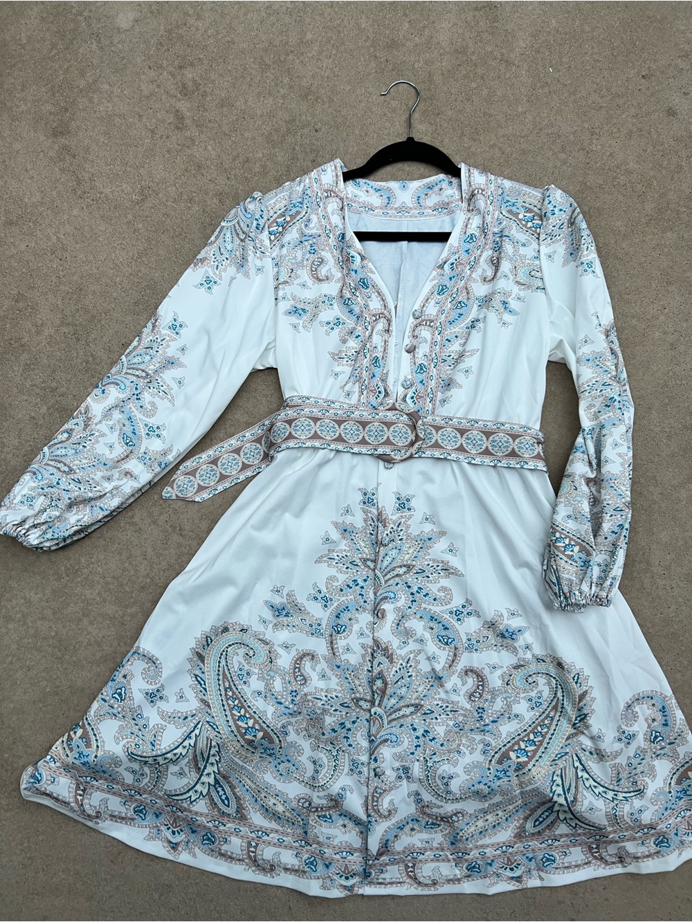 Blue Paisley Border Print Belted Midi Dress